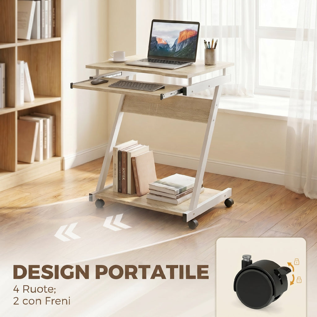 HOMCOM Computer Desk with 4 Wheels, Sliding Keyboard Tray, Oak Color