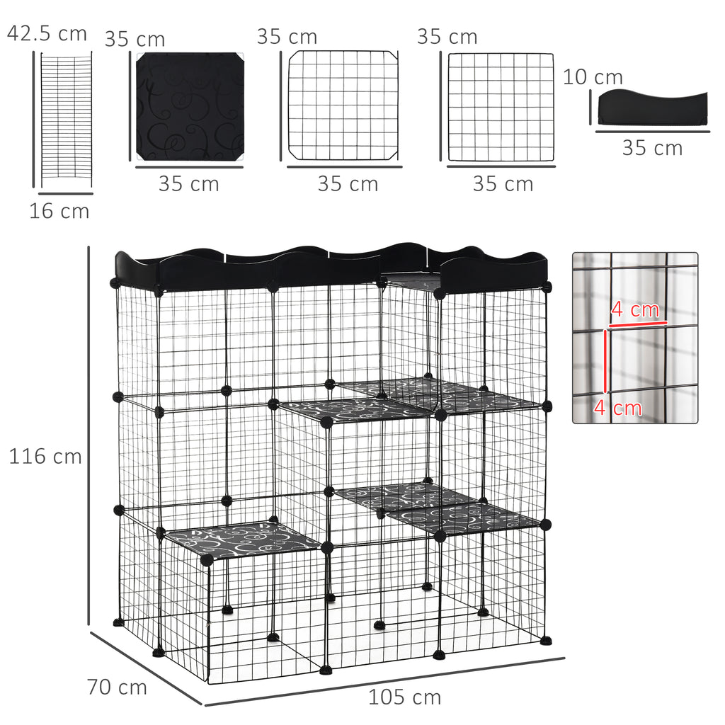Modular and Multilevel Pet Enclosure with Ramp and 2 Doors in Steel and PP, 105x70x116 cm, Black