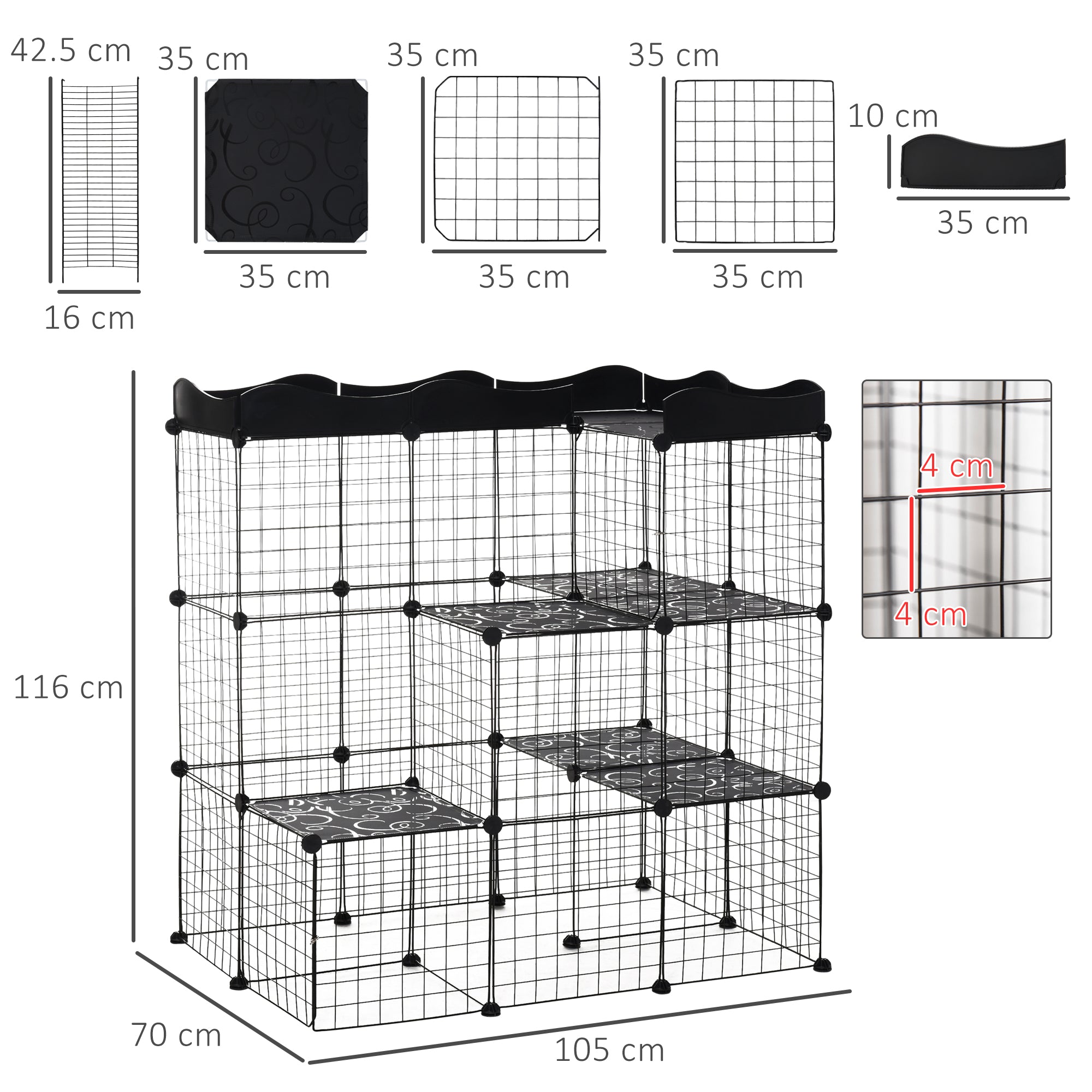 Modular and Multilevel Pet Enclosure with Ramp and 2 Doors in Steel and PP, 105x70x116 cm, Black