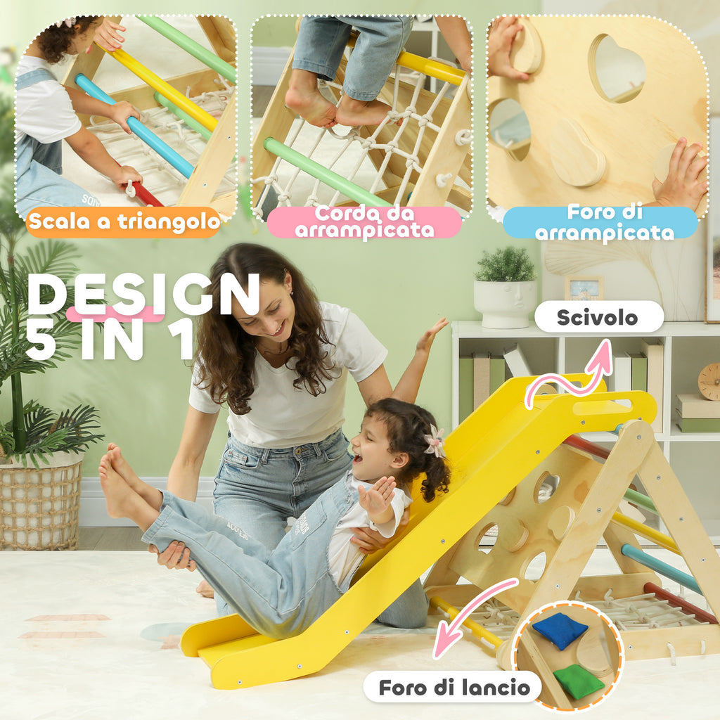 Montessori 5-in-1 Triangle Climbing Game for Children with Rope, Slide and Bags, Wooden, 119x63x61 cm