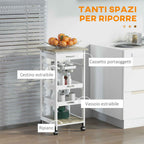 HOMCOM Space-Saving Kitchen Cart in Pine Wood and MDF, Storage Trolley with Drawer, Basket, 2 Trays and 4 Universal Wheels, 37x37x82cm, White