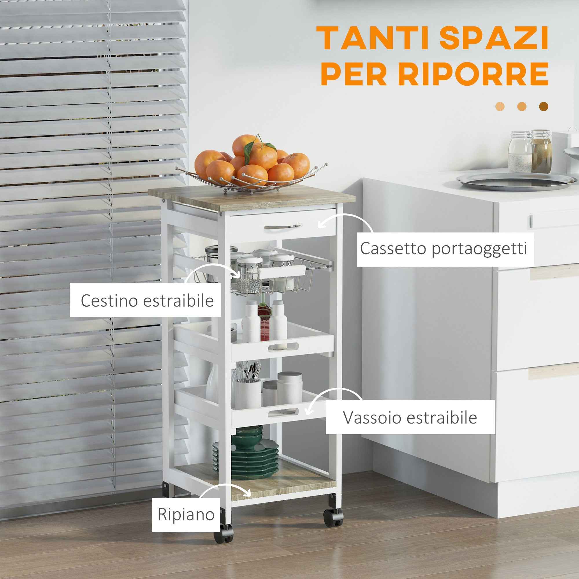 HOMCOM Space-Saving Kitchen Cart in Pine Wood and MDF, Storage Trolley with Drawer, Basket, 2 Trays and 4 Universal Wheels, 37x37x82cm, White