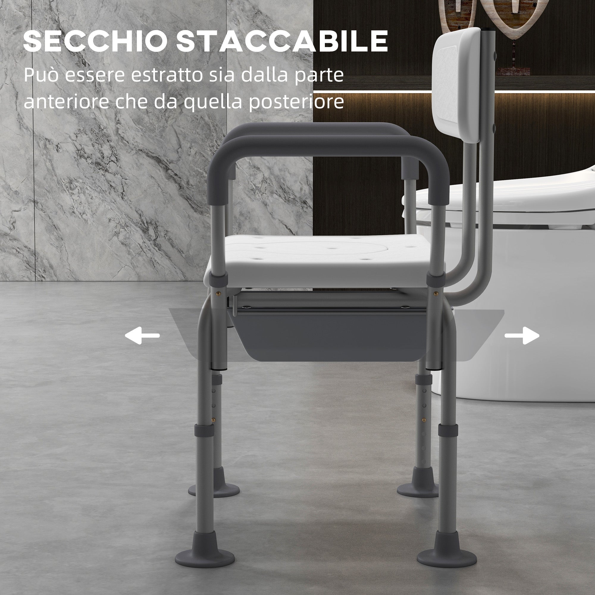 3-in-1 Shower Chair with Backrest and Armrests, Adjustable Height and Non-Slip Feet, White