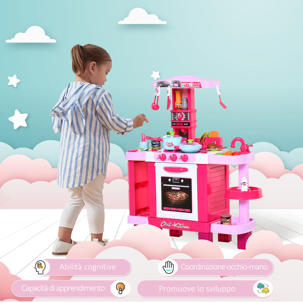 Homcom Kitchen for children with 38 accessories included, game with realistic lights and sounds, 78x29x87cm, pink - Borgè