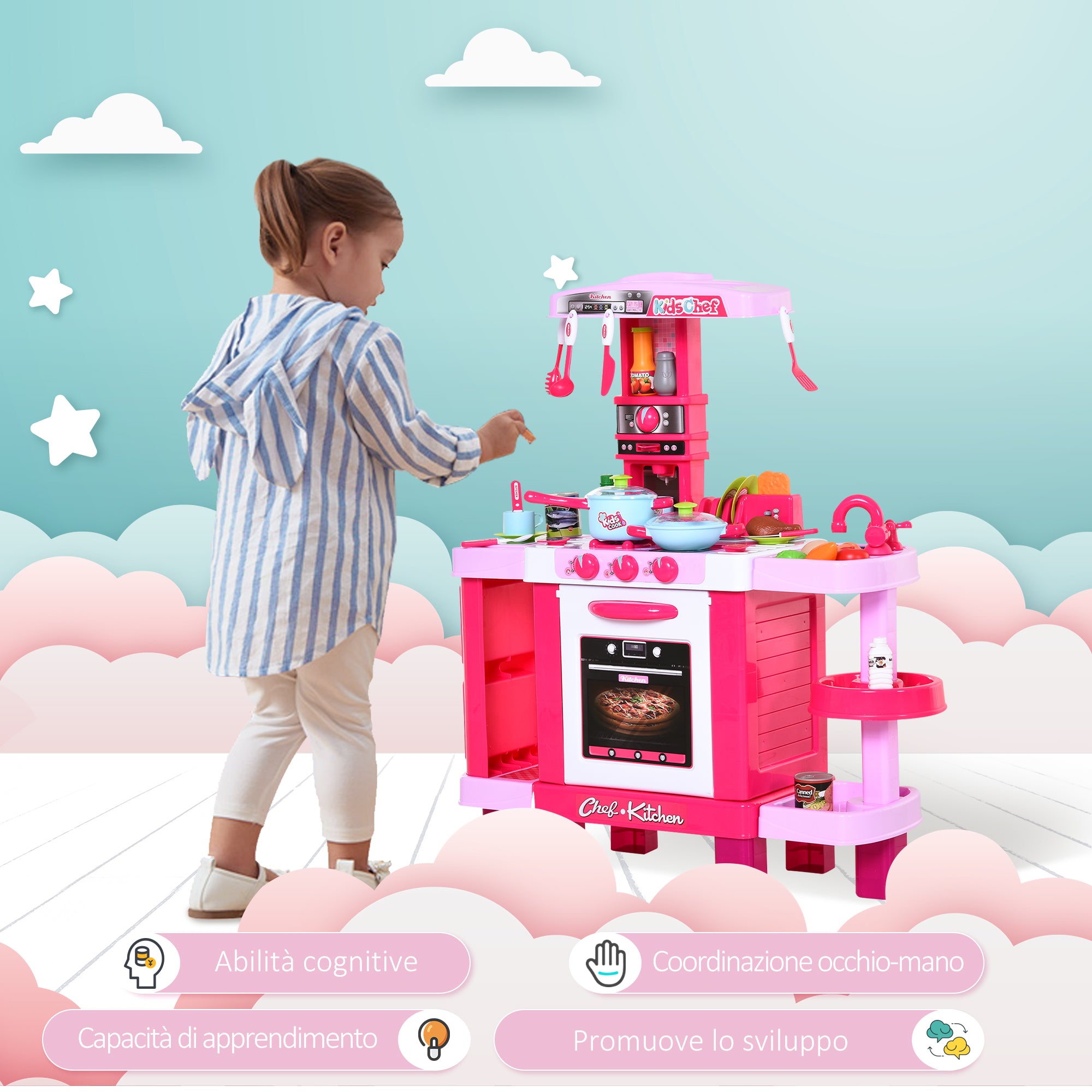 Homcom Kitchen for children with 38 accessories included, game with realistic lights and sounds, 78x29x87cm, pink - Borgè