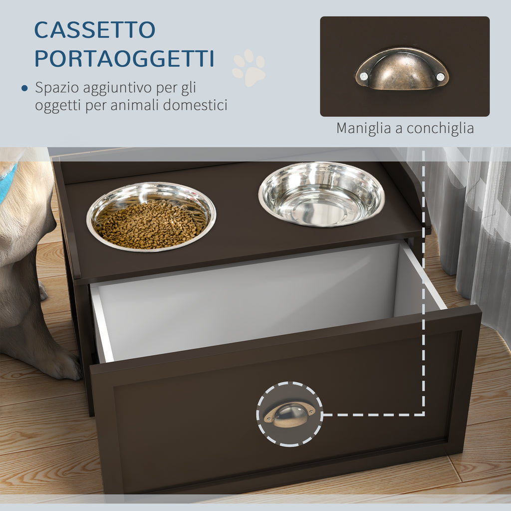 Stainless Steel and Wood Raised Dog Bowls with Drawer, 60x30x36cm, Brown