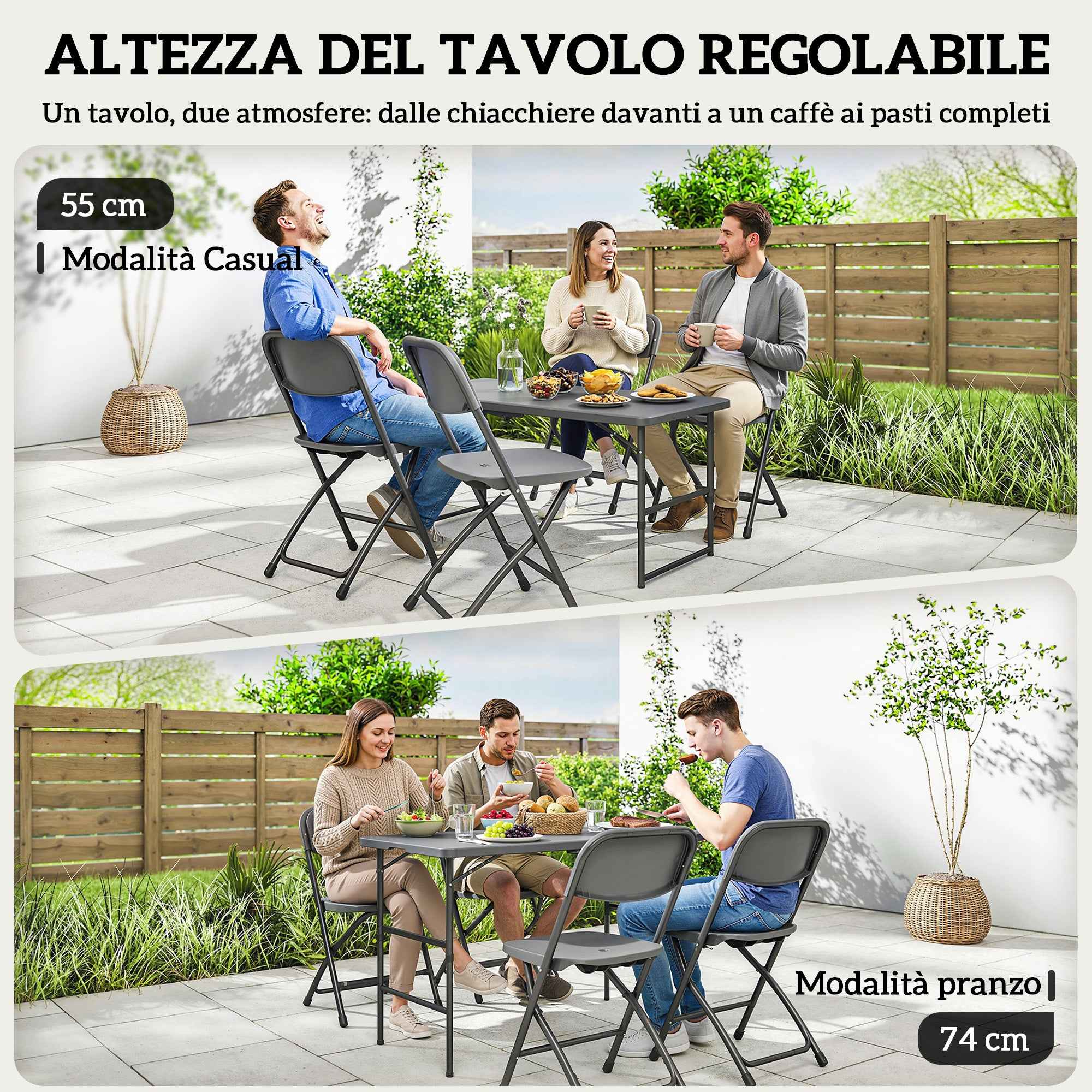 Outsunny Adjustable Garden Table and 4 Folding Chairs Set in Wood Effect HDPE, Dark Grey