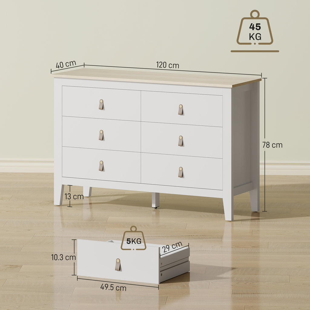 6-Drawer Bedroom Chest with Faux Leather Handles, 120x40x78 cm, White
