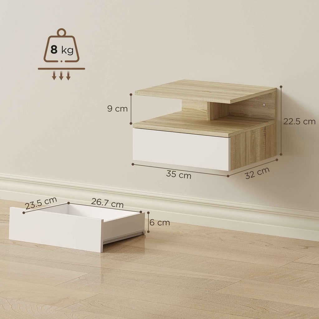 HOMCOM Set of 2 Floating Bedside Tables with Drawer and Open Shelf, 35x32x22.5 cm, White and Oak