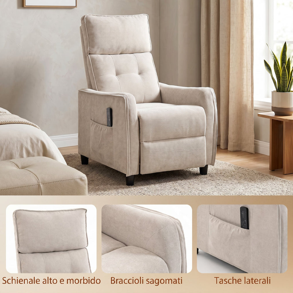 HOMCOM 160° Reclining Massage Chair with Footrest and Remote Control, 69x93x104 cm, Cream White Linen Effect