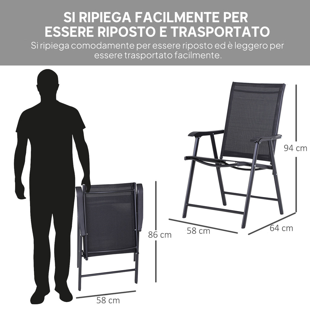 Outsunny Set of 2 Folding Garden Chairs with Metal and Texteline Armrests, 58x64x94cm, Black
