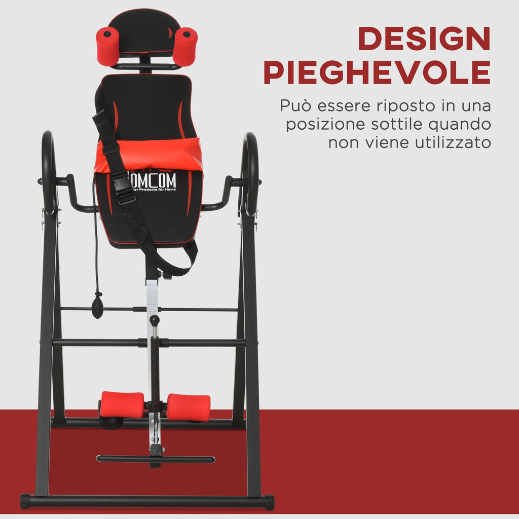 Inversion Bench with Adjustable Angle and Height and Headrest, in Steel and Plastic, 79x114x153 cm, Red and Black