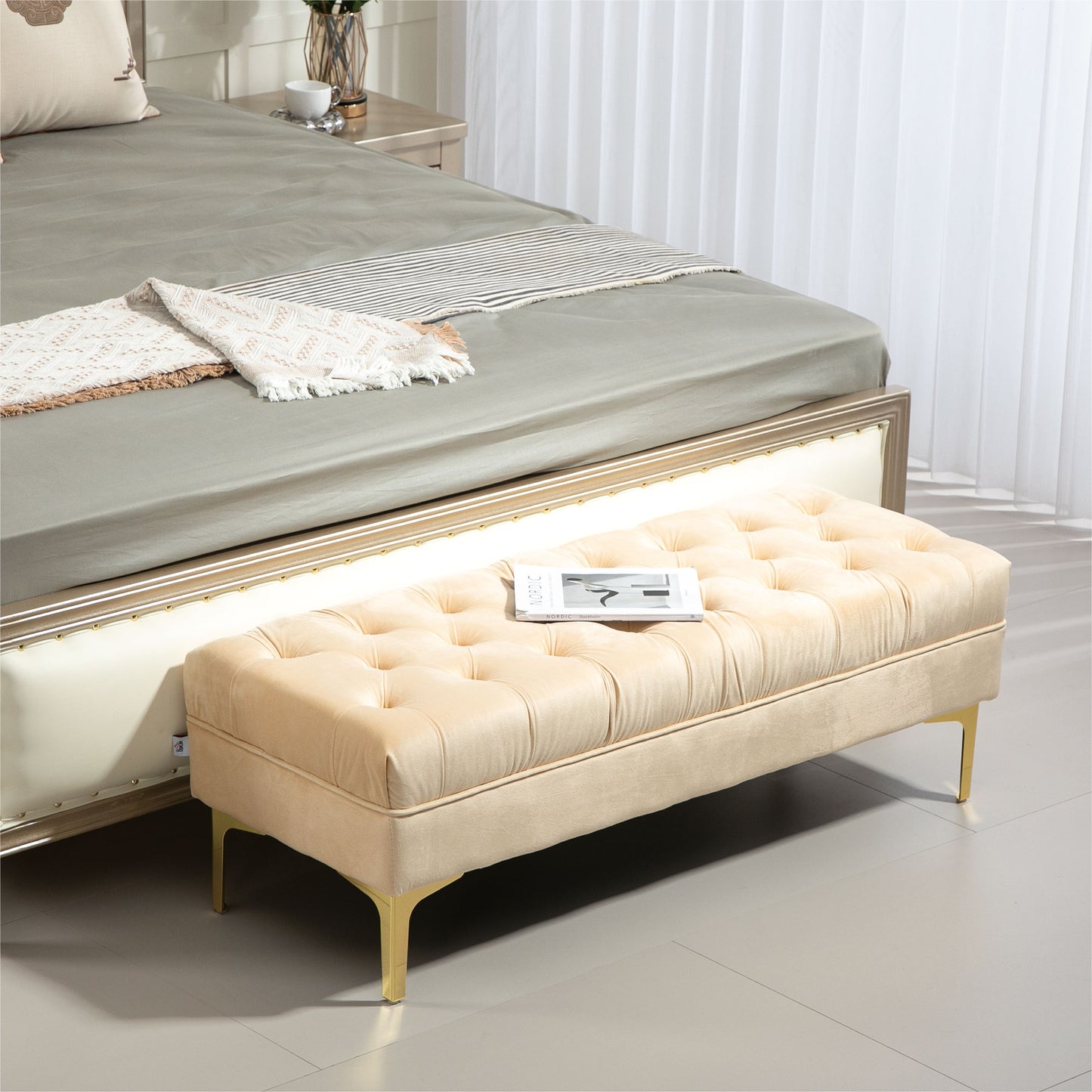 Padded Bed End Bench with Quilted Velvet Effect Fabric Covering, 118x45x42 cm, Beige