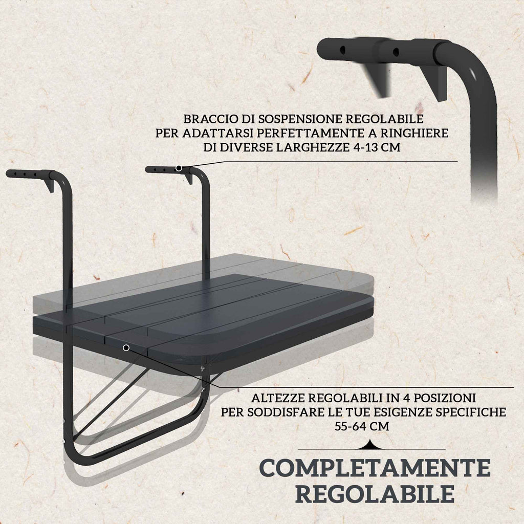 Outsunny Folding and Adjustable Balcony Table, Made of Aluminum and Composite Wood, 60x40x55-64 cm, Black