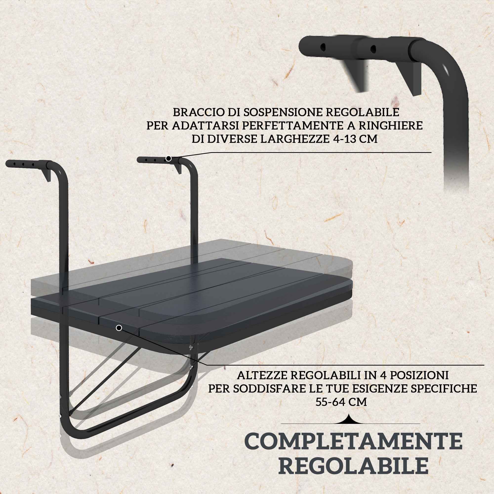 Outsunny Folding and Adjustable Balcony Table, Made of Aluminum and Composite Wood, 60x40x55-64 cm, Black