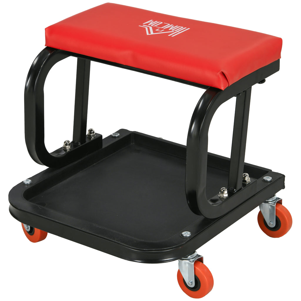 HOMCOM Padded Workshop Stool with Wheels and Tool Tray in Steel and PU, 38x35x37cm, Red - Borgè