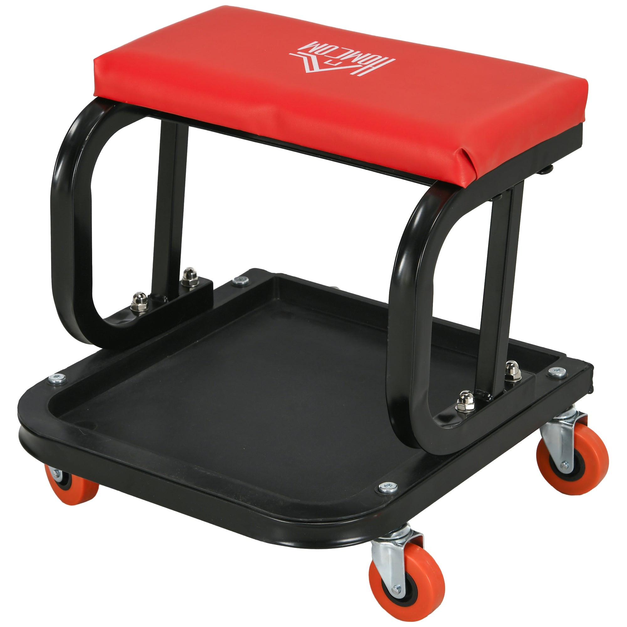 HOMCOM Padded Workshop Stool with Wheels and Tool Tray in Steel and PU, 38x35x37cm, Red - Borgè