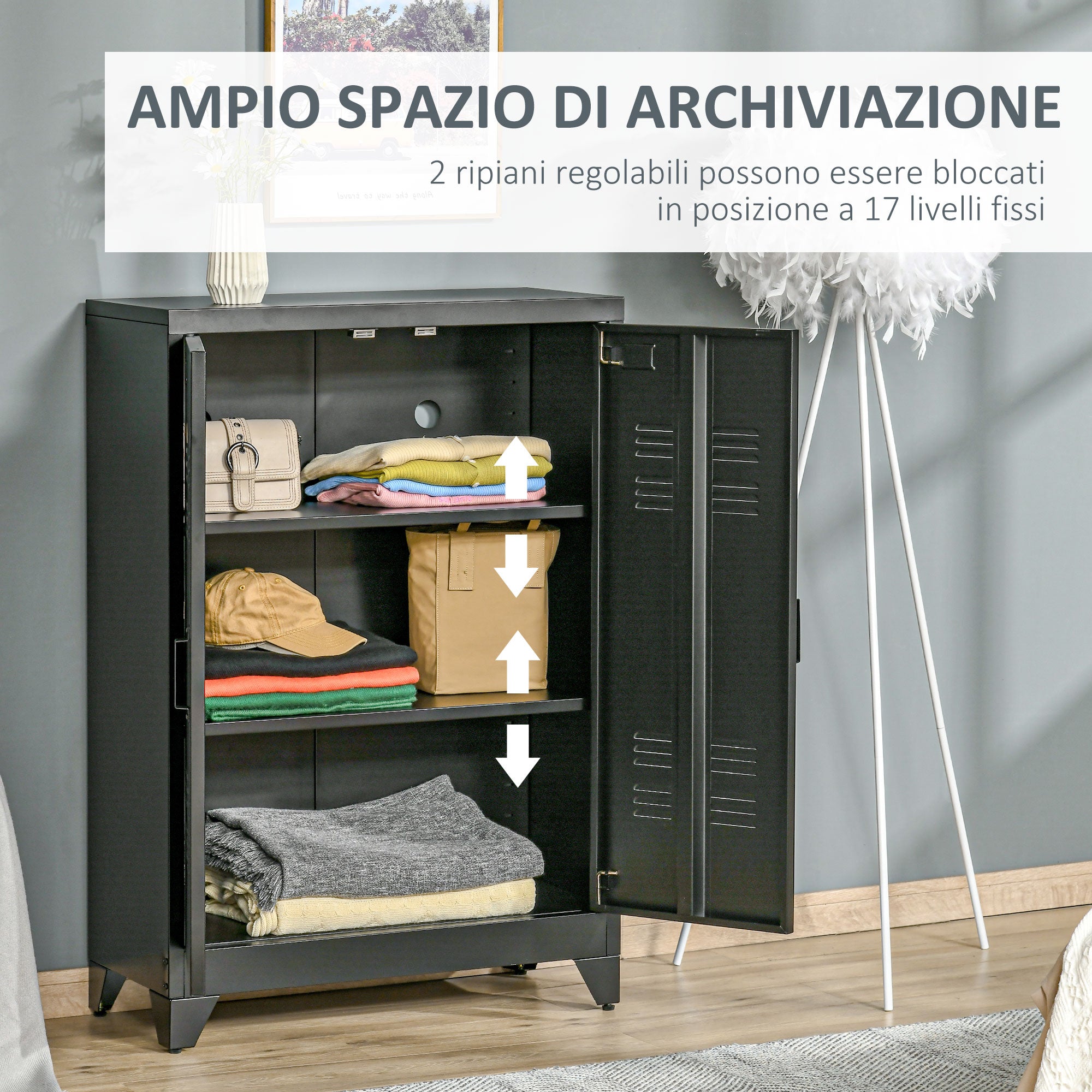 Industrial Style 2-Door Metal Storage Cabinet for Home and Garage, 75x33x110 cm, Black