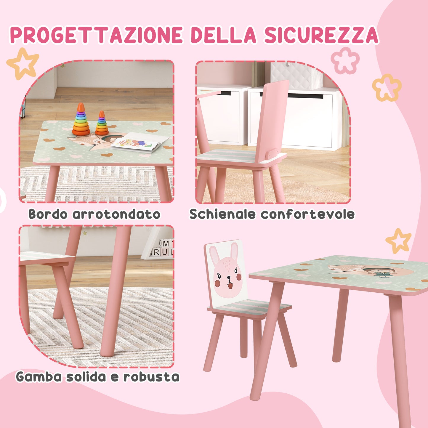 ZONEKIZ 3-piece table and chair set for children 3-8 years in MDF and pine wood with animal designs, pink - Borgè