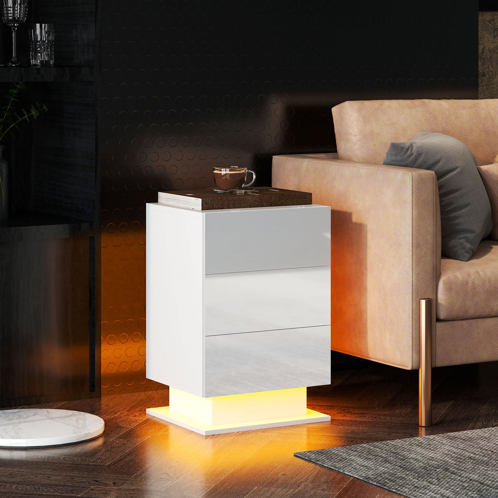 Modern Bedside Table with Adjustable LED Light with Remote Control and 3 Drawers, 40x35x60 cm, Glossy White