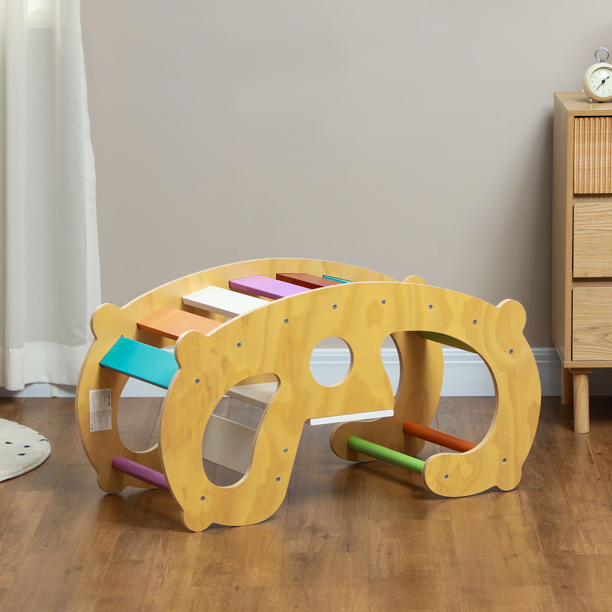 Children's Game 2 in 1 Montessori Arch and Rocking Chair for Indoor Use, in Pine Wood, 91x41x48 cm