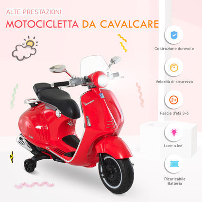 Electric Motorcycle for Children with Official Vespa License, 2 Wheels, Lights and Sounds, 108x49x75 cm, Red