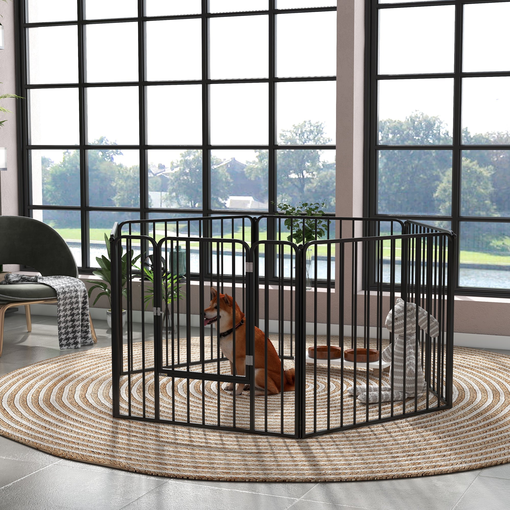 PAWHUT FENCE FOR 6 DOGS with 6 modular and outdoor modular panels, in steel, 164x83x80 cm, black - Borgè