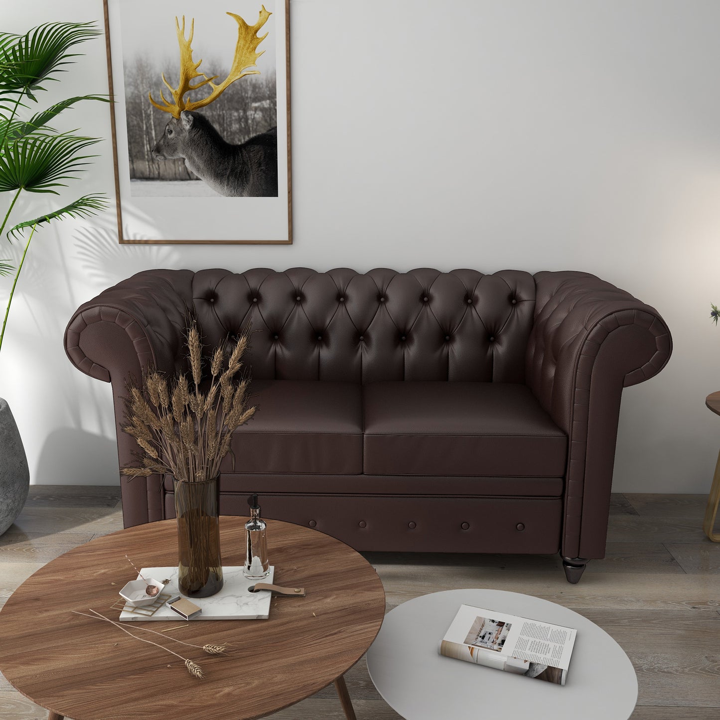 Homcom Chesterfield style 2 seater sofa with removable pillow, in ears, wood and metal, 160x84x80 cm, brown - Borgè