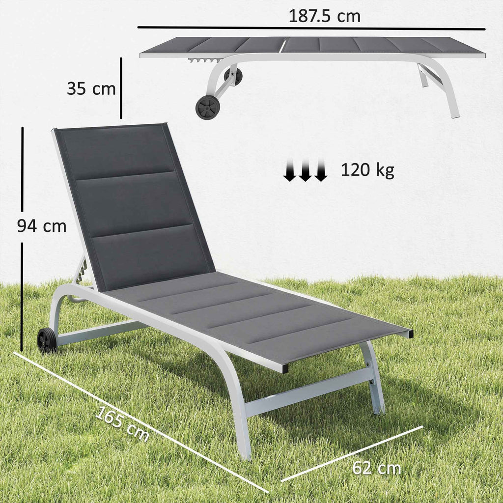 Outsunny Garden Sun Lounger with Wheels, in Texteline with Aluminum Frame, Dark Gray and White