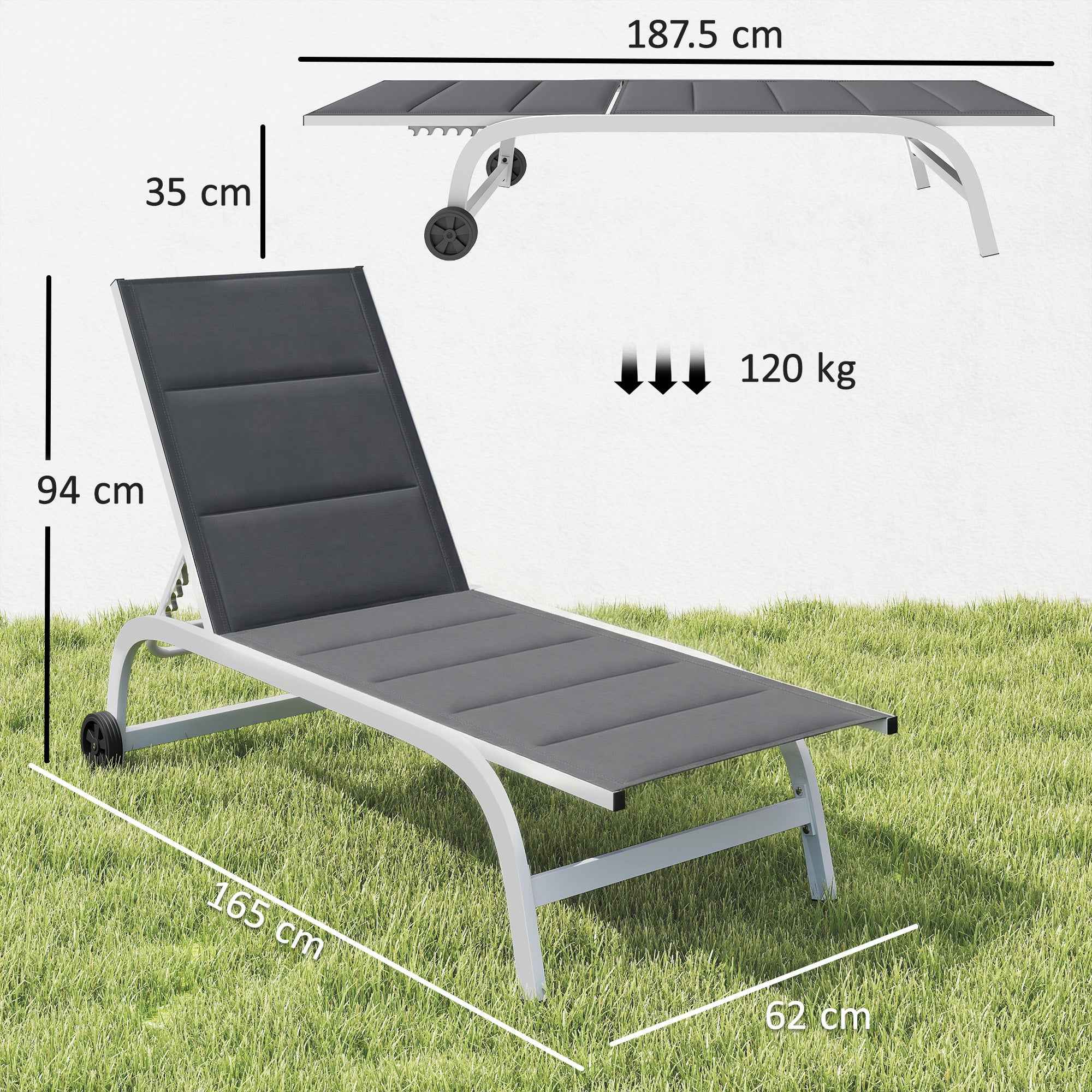 Outsunny Garden Sun Lounger with Wheels, in Texteline with Aluminum Frame, Dark Gray and White