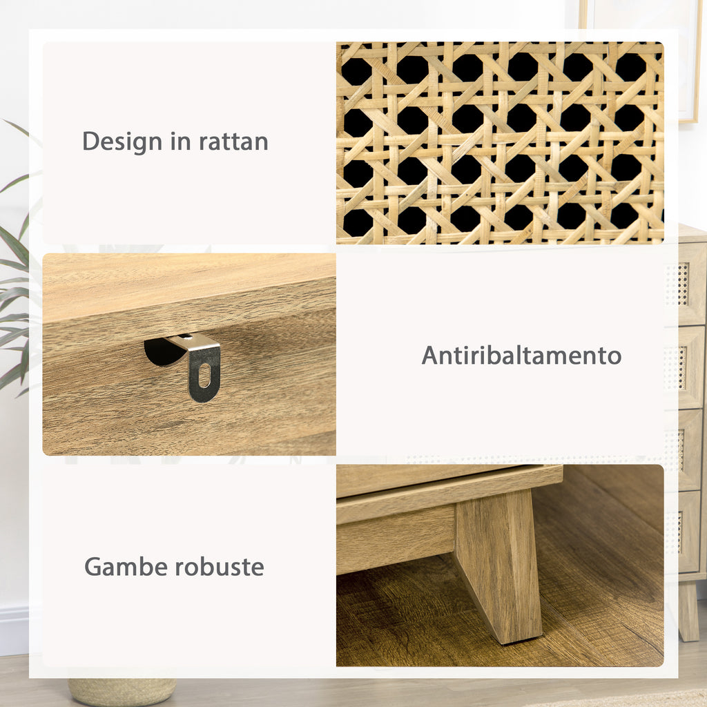 Chest of Drawers with 4 Drawers and Rattan Inserts, Boho Style, 80x35x95 cm, Natural Wood