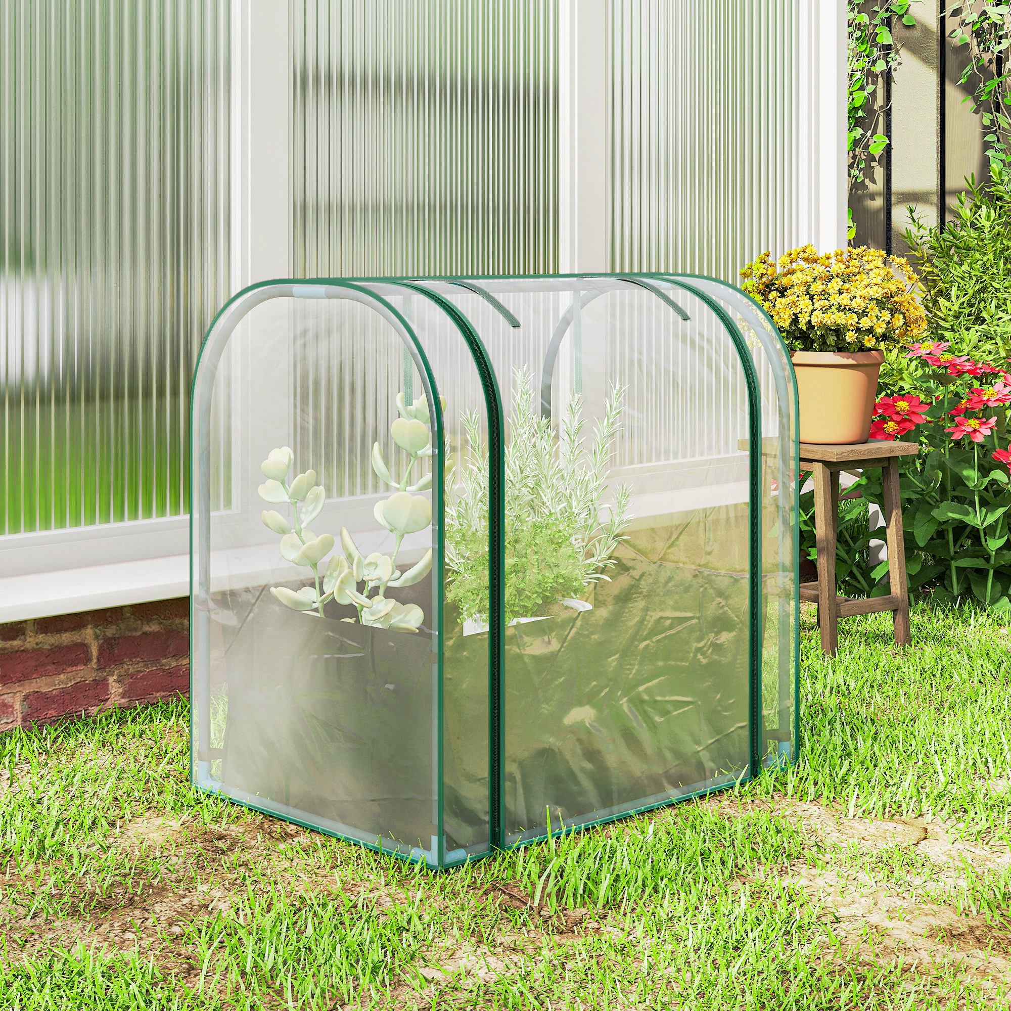 Outsunny Mini Greenhouse with Grow Bag and Roll-Up Door, 68x50x70 cm, Dark Green