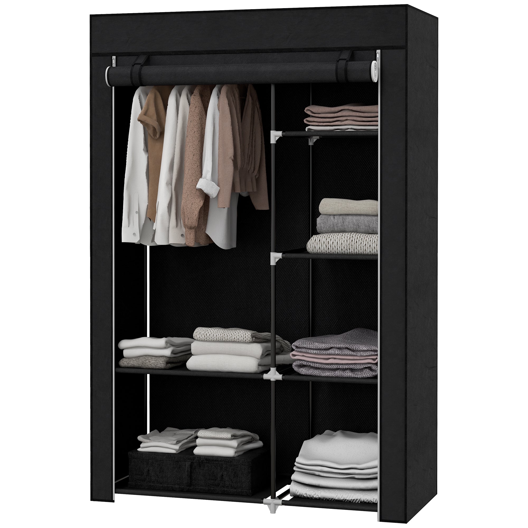 Portable Fabric Wardrobe with 6 Open Shelves and a Hanger, 103x43x162.5 cm, Black