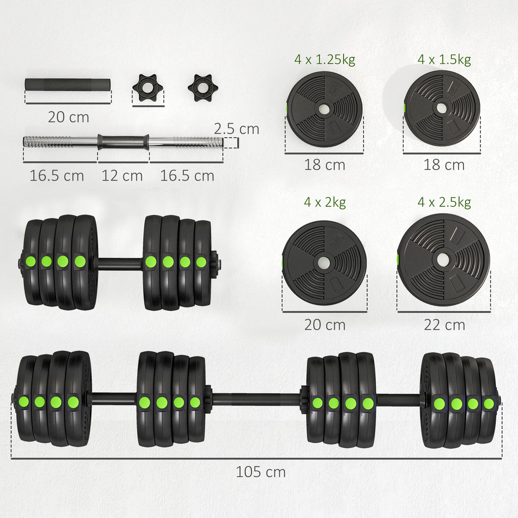 SPORTNOW 2-in-1 Set with 2 Dumbbells Convertible into a Barbell, Total Weight 30 kg and Adjustable Weight Discs, Black