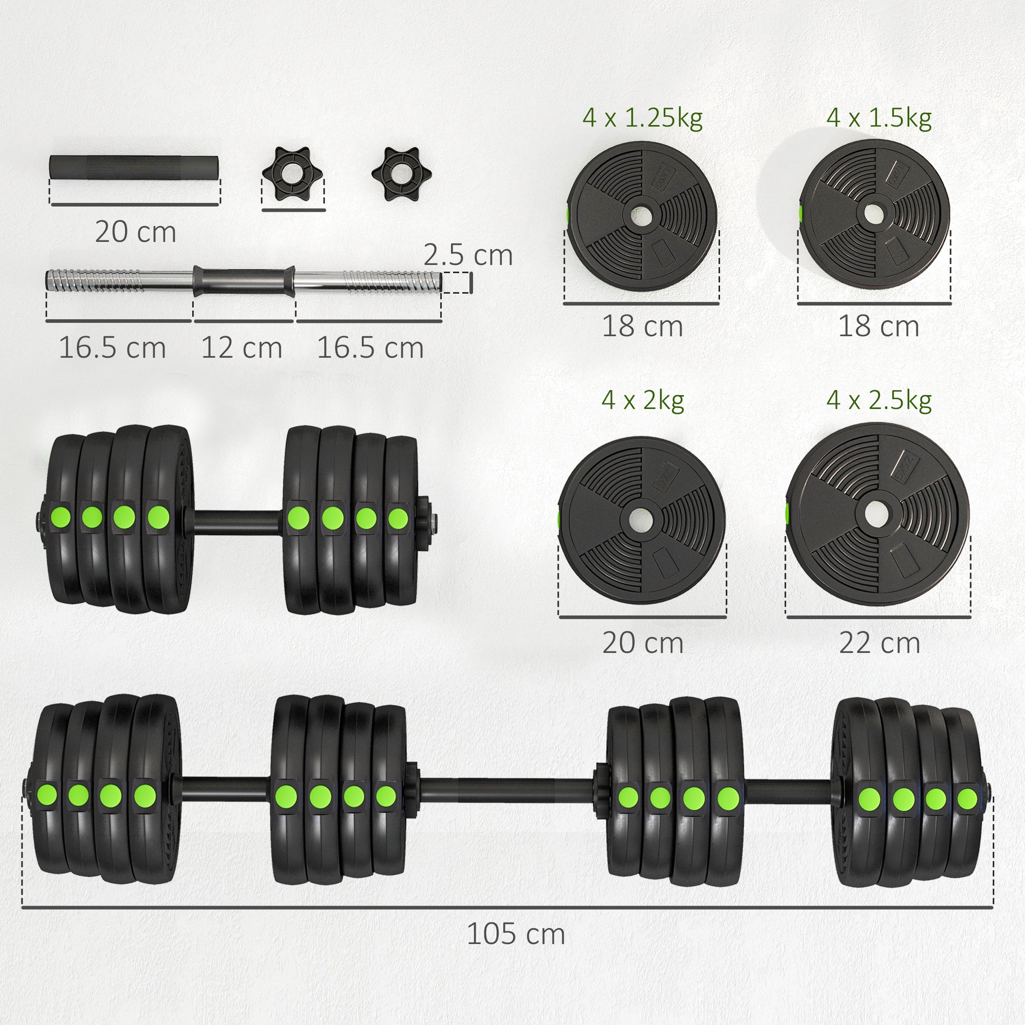 SPORTNOW 2-in-1 Set with 2 Dumbbells Convertible into a Barbell, Total Weight 30 kg and Adjustable Weight Discs, Black