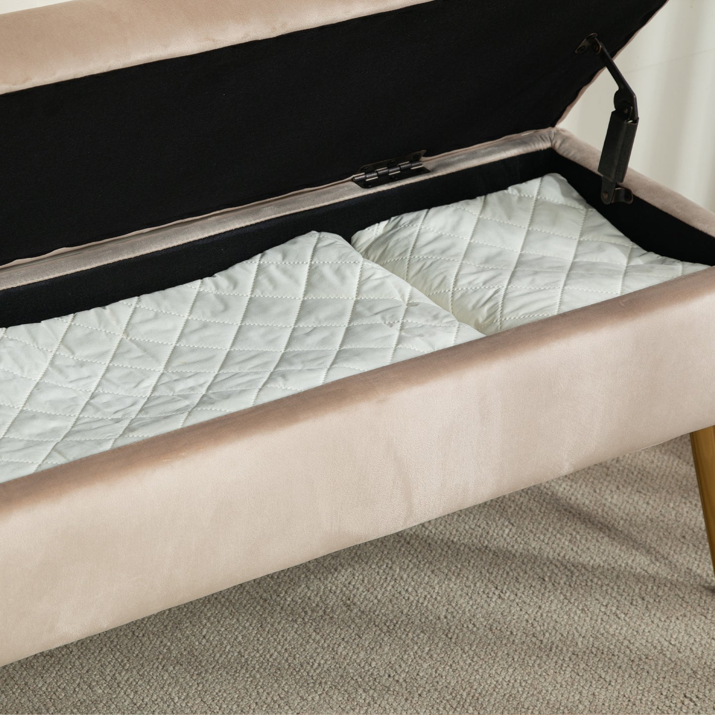 Ottoman Upholstered Bed Bench with Tapered Legs, in Velvet Effect Fabric, 102x35x43 cm, Beige