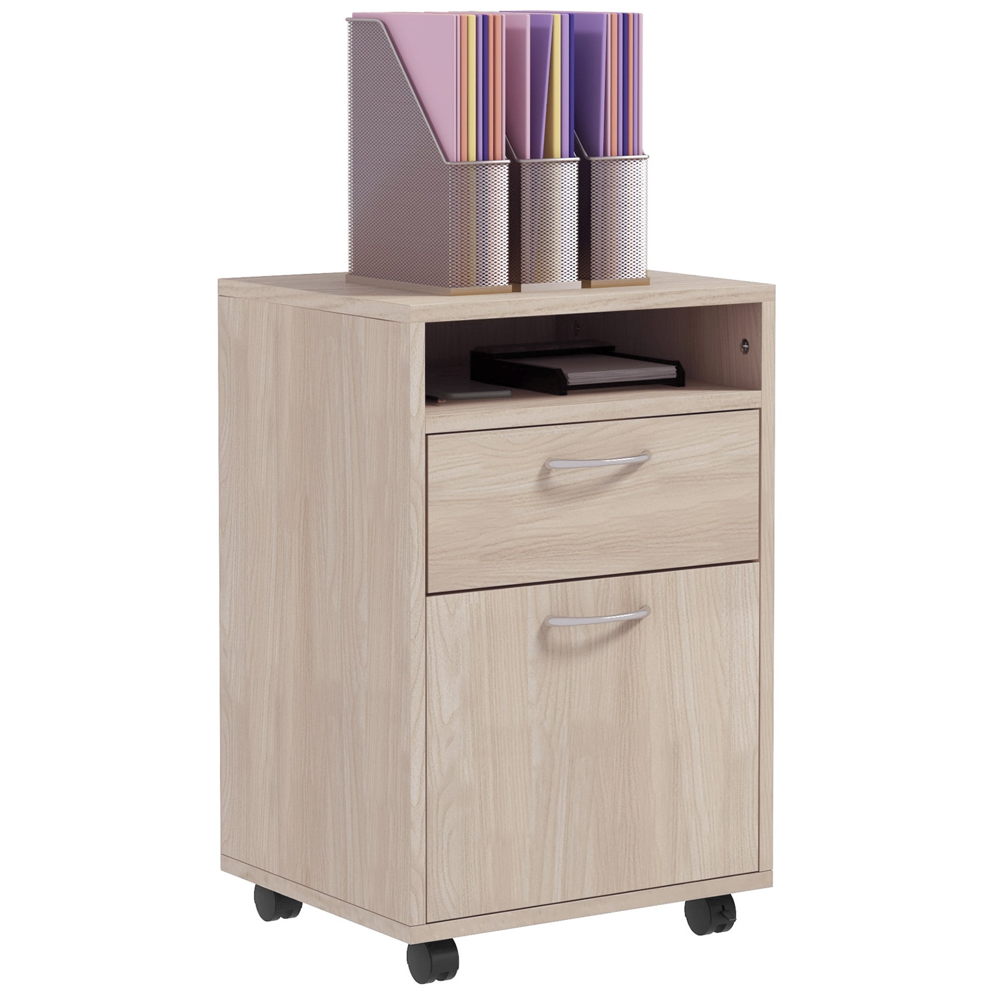 Office Drawer Cabinet Document Holder with Open Shelf and 2 Drawers, in Wood and Metal, 40x35x60 cm, Oak