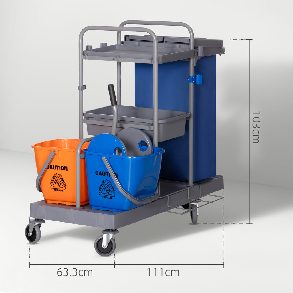3-Tier Cleaning Trolley with Garbage Bag and Wringer, 111x63.3x103 cm, Grey, Blue and Orange
