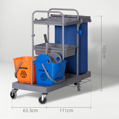 3-Shelf Cleaning Cart with Garbage Bag and Wringer, 111x63.3x103 cm, Gray Blue and Orange