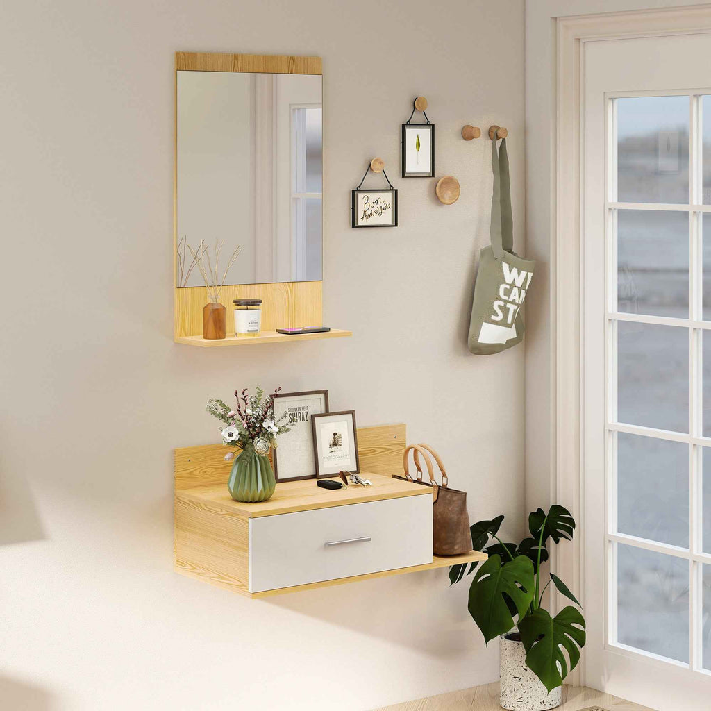 Hallway Set with Mirror, Shelf, Wall Cabinet with Drawer and 2 Open Shelves, Wood and Glass