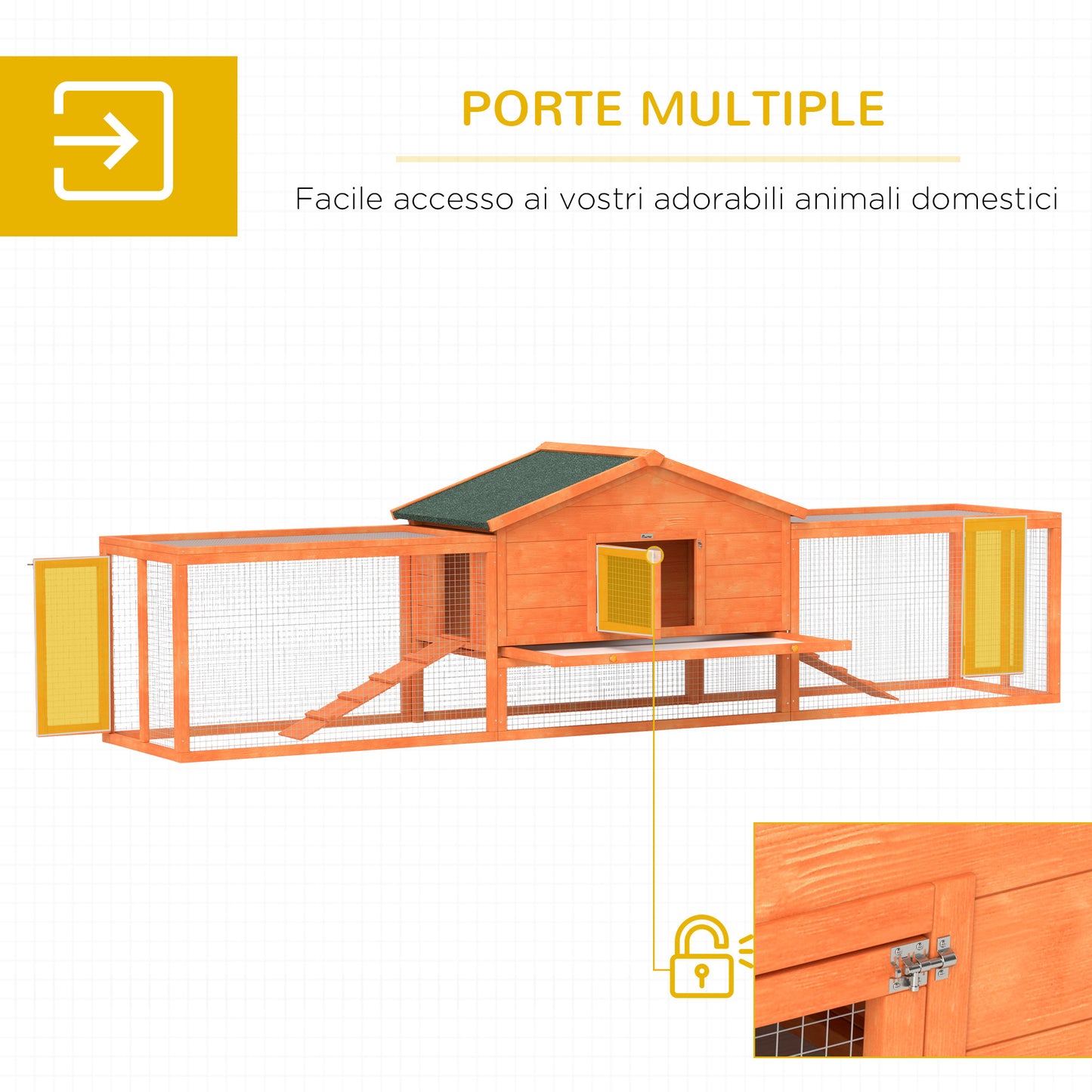 Rabbit Hutch with House, Ramps and 2 Wooden Runs, 309x69. 5x87cm, Orange