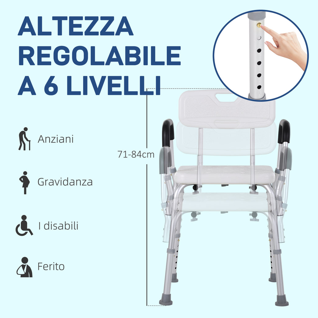 Aluminium Shower Chair with Adjustable Height and Non-Slip Feet, 51.5x51.5x71-84cm, White