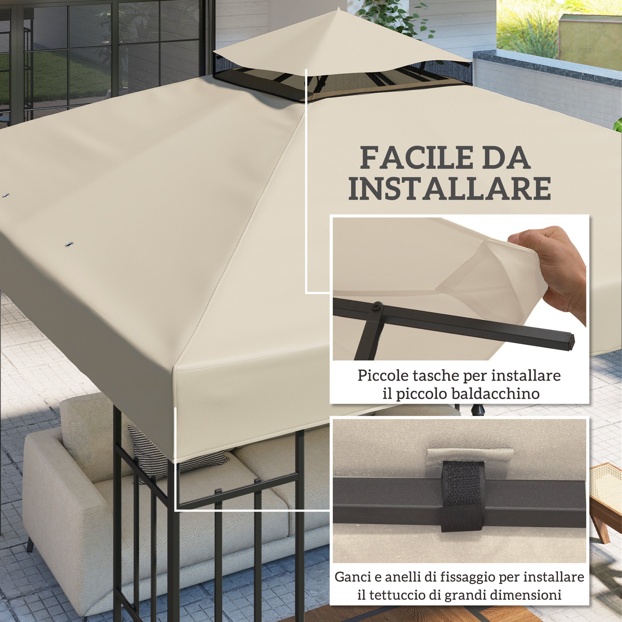 Garden Gazebo Cover 3x3m, 2-Tier UPF30+ Replacement Roof in Polyester, Cream