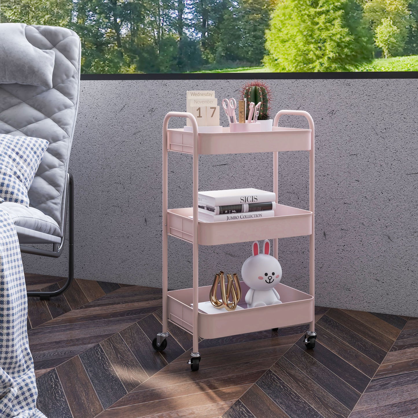 3-Tier Kitchen Cart with Handles and 4 Wheels, Steel, 45x30.6x79 cm, Pink