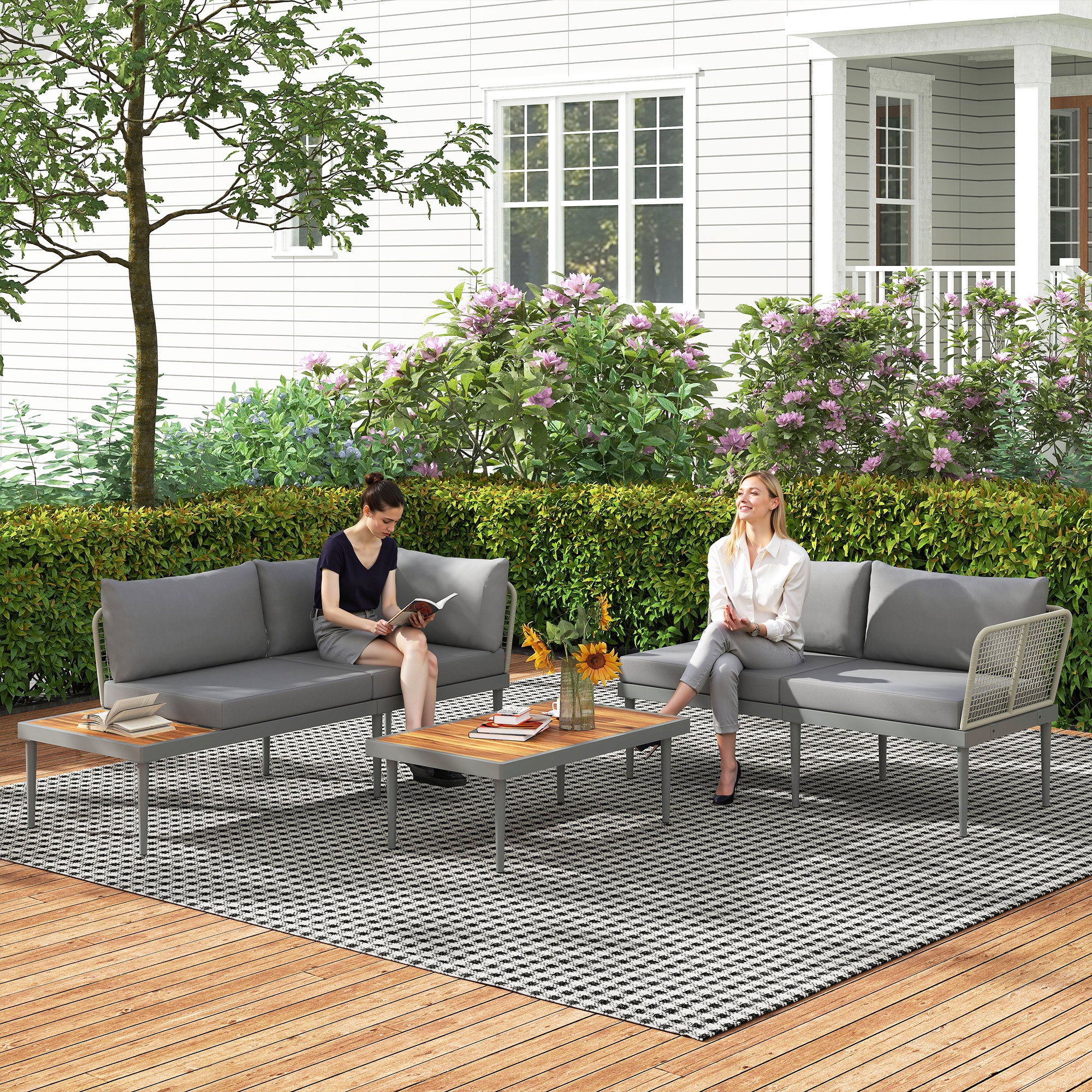 3 Piece Outdoor Set with 2 2-Seater Sofas and Coffee Table, in Rattan and Steel Grey and Wood Color