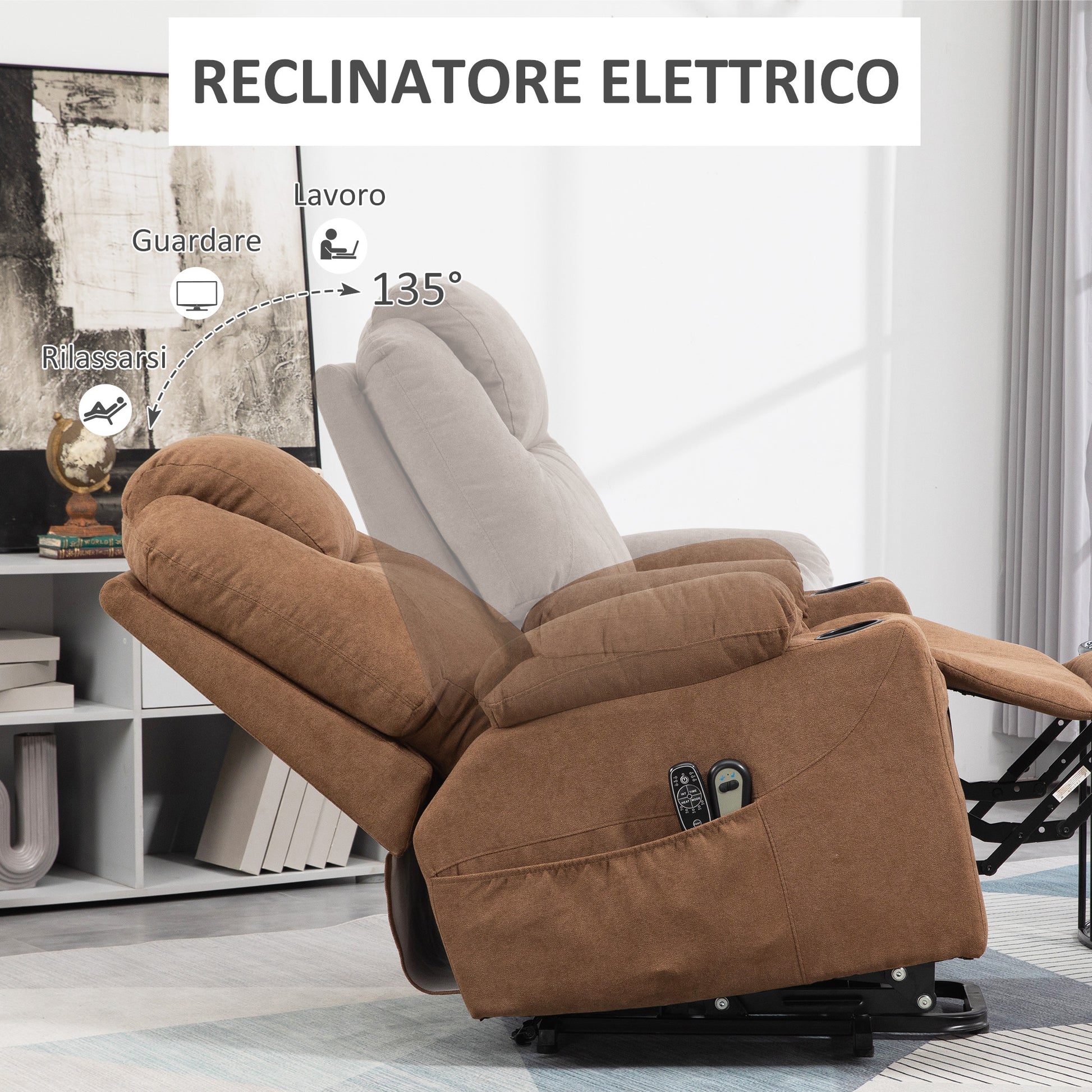 HOMCOM 8-Point Massage Lift Chair with Remote Control, in Linen Effect Fabric, 90x101x107 cm, Coffee - Borgè