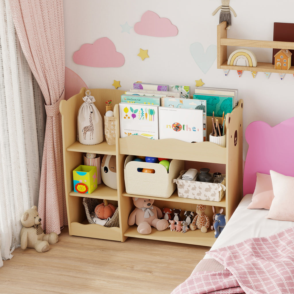 Toy Storage Shelf for Children Ages 3-8 with Open Shelves and Compartments, Wooden, 92x29x79 cm, Wood Color