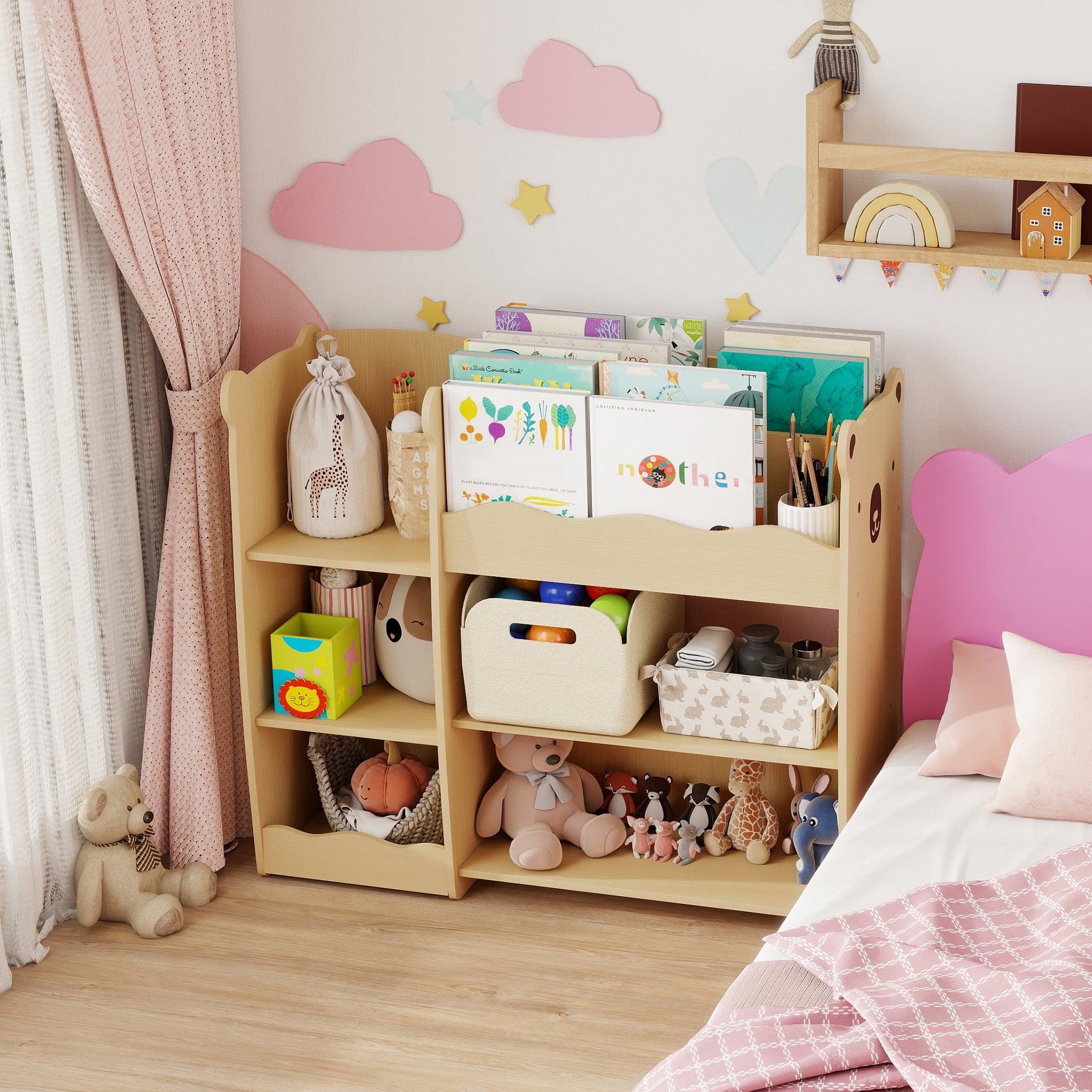 Toy Storage Shelf for Children Ages 3-8 with Open Shelves and Compartments, Wooden, 92x29x79 cm, Wood Color