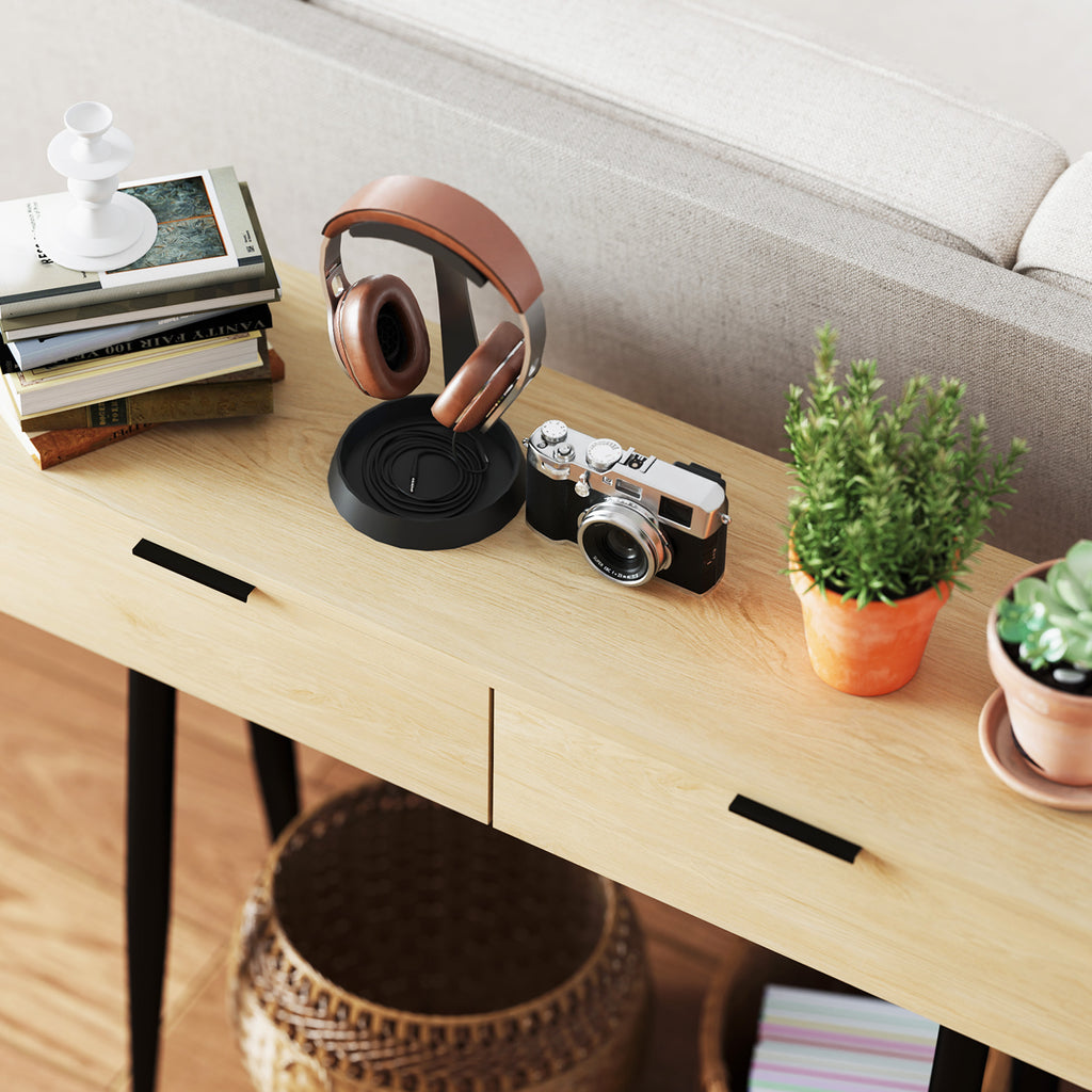 Nordic Style Entrance Console Table with 2 Drawers in Wood and Steel, 100x30x80.5 cm, Oak