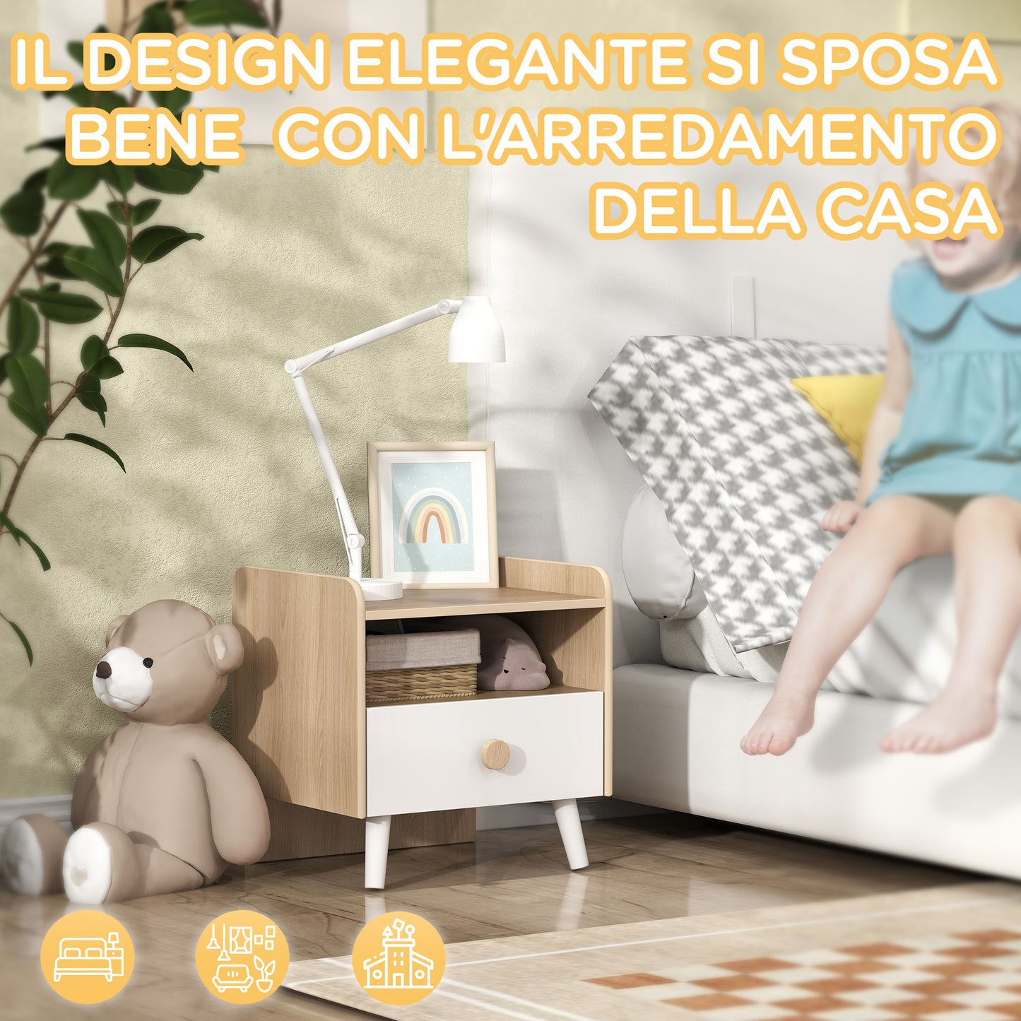 Bedside Table with Drawer for Children 3-10 Years Old in Wood and Pine Wood, 40x32.5x40 cm, White